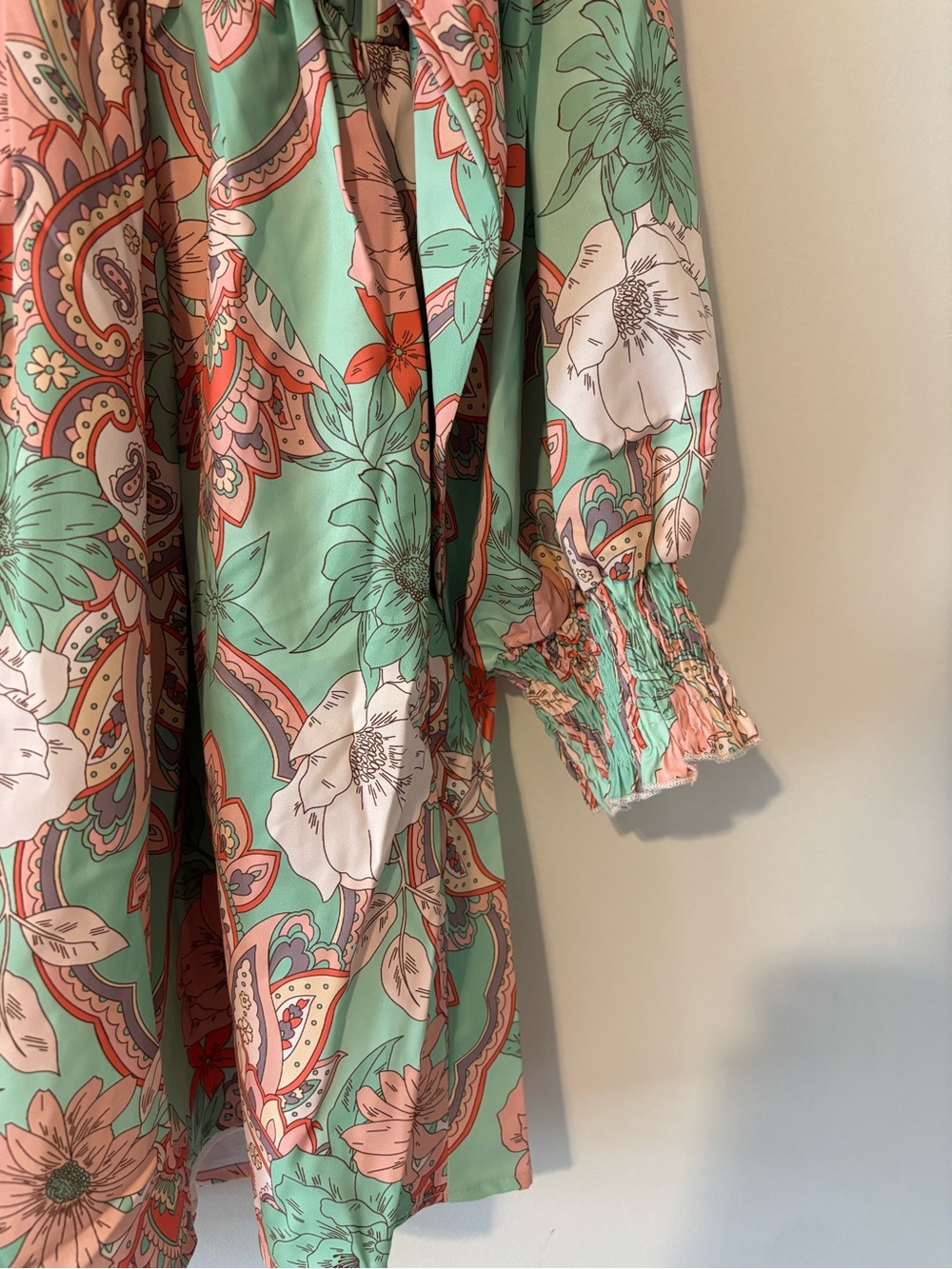 Summer Mint Green Paisley Floral Button-Up Babydoll Concert Dress - Picture 2 of 11